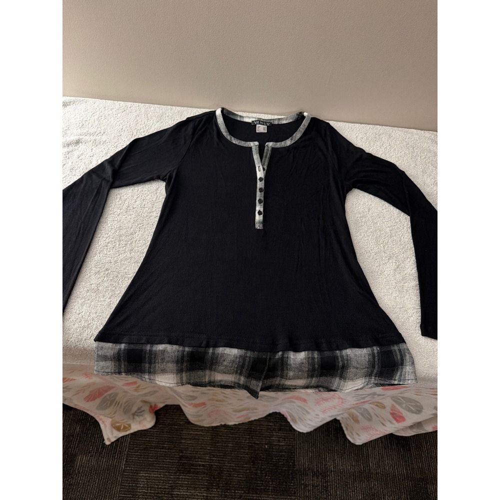 Venus Womens Black Plaid Trim Henley Top Long Sleeve Waffle Knit Tunic Medium